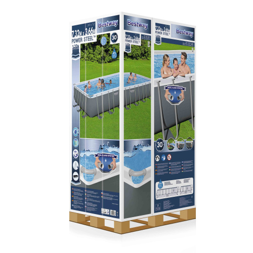 Каркасный прямоугольный бассейн Bestway 732х366х132 см + фильтр-насос 9463 л/ч, тент, лестница (56474 BW)