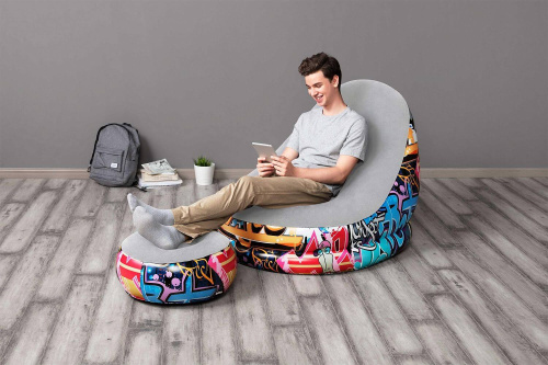 Кресло надувное Comfort Cruiser Graffiti Lounger 121х100х86 см, с пуфиком для ног 54х54х26 см (Bestway 75076 BW)
